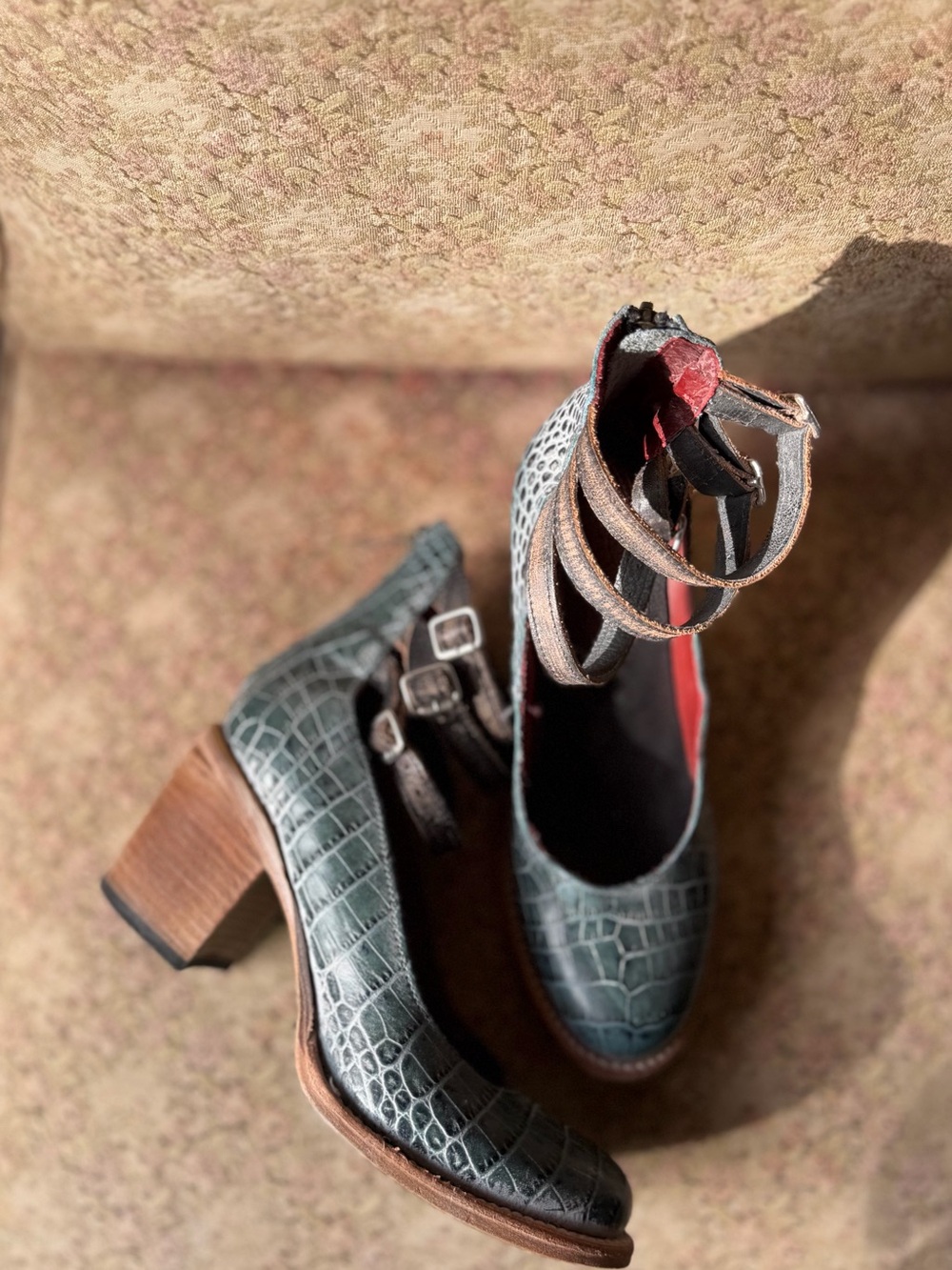 Freebird Randi Turquoise croc Ankle-Strap Block Heel